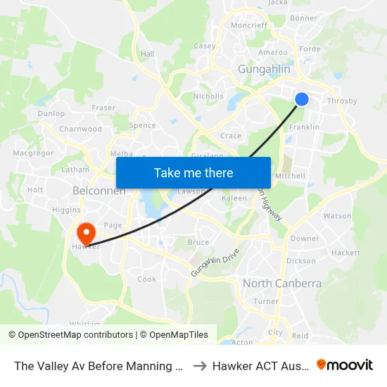 The Valley Av Before Manning Clark Cr to Hawker ACT Australia map