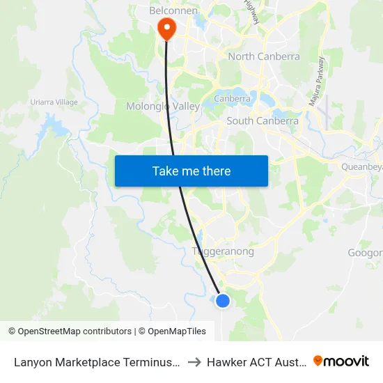 Lanyon Marketplace Terminus North to Hawker ACT Australia map