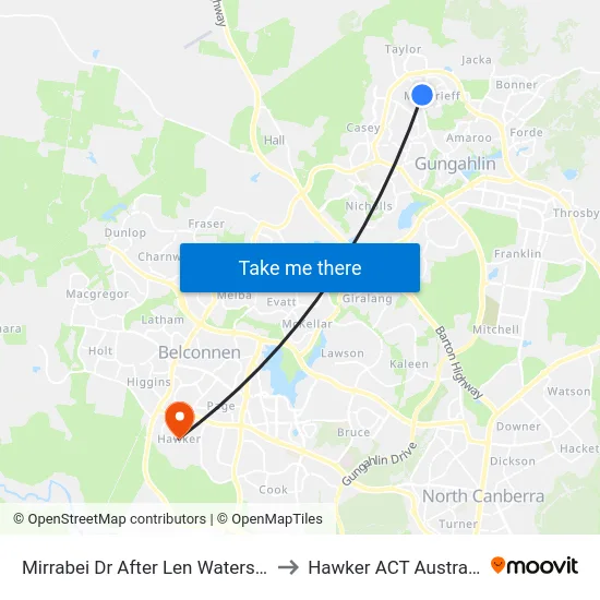 Mirrabei Dr After Len Waters St to Hawker ACT Australia map