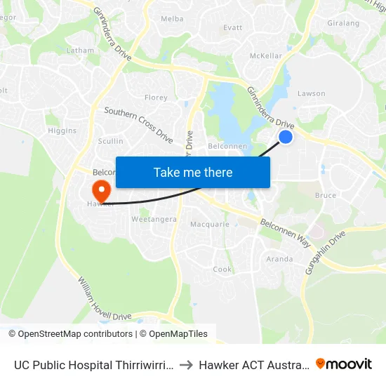 UC Public Hospital Thirriwirri St to Hawker ACT Australia map