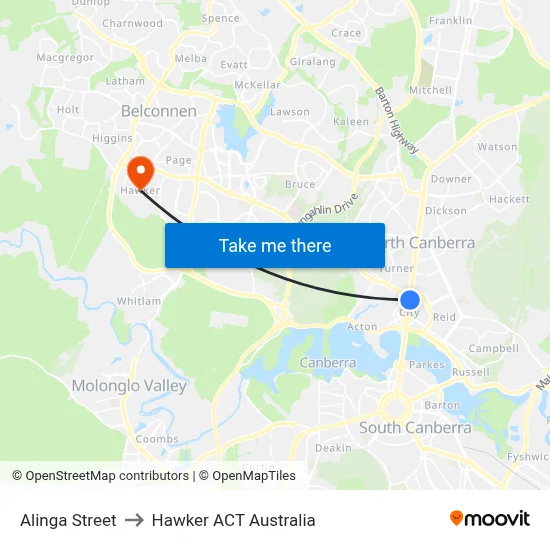Alinga Street to Hawker ACT Australia map