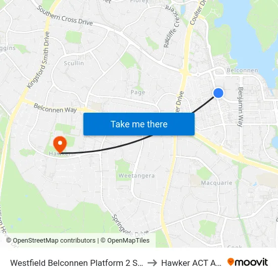 Westfield Belconnen Platform 2 Set Down Only to Hawker ACT Australia map