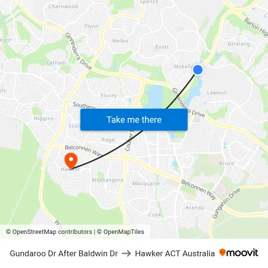 Gundaroo Dr After Baldwin Dr to Hawker ACT Australia map