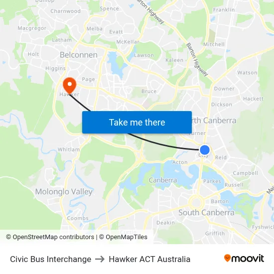 Civic Bus Interchange to Hawker ACT Australia map