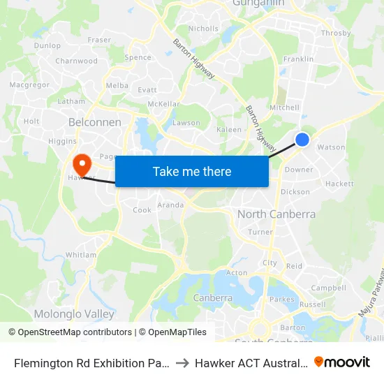 Flemington Rd Exhibition Park to Hawker ACT Australia map