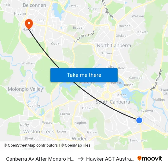 Canberra Av After Monaro Hwy to Hawker ACT Australia map
