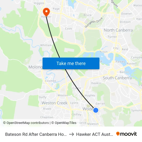 Bateson Rd After Canberra Hospital to Hawker ACT Australia map