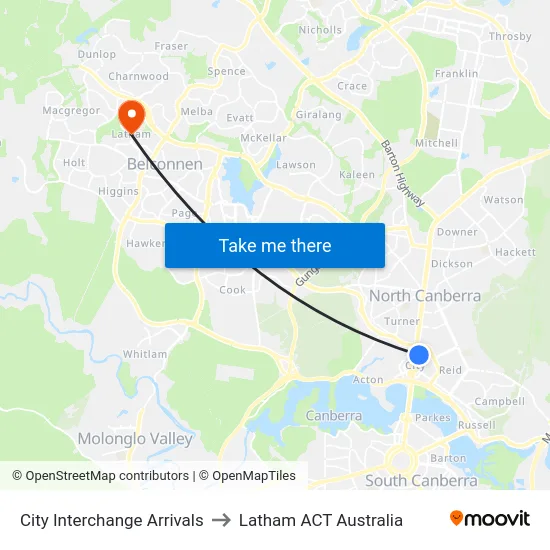 City Interchange Arrivals to Latham ACT Australia map