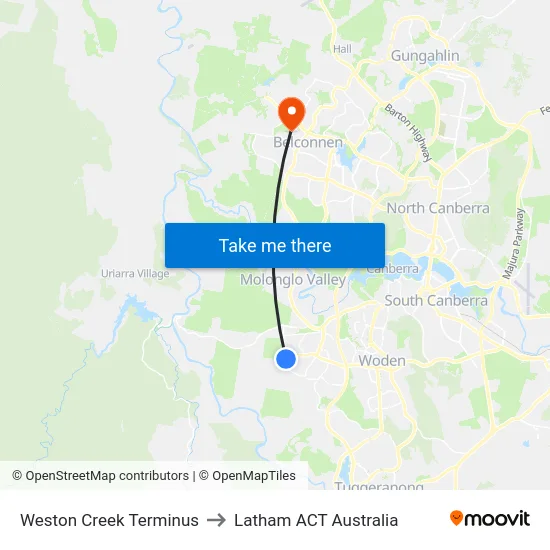 Weston Creek Terminus to Latham ACT Australia map