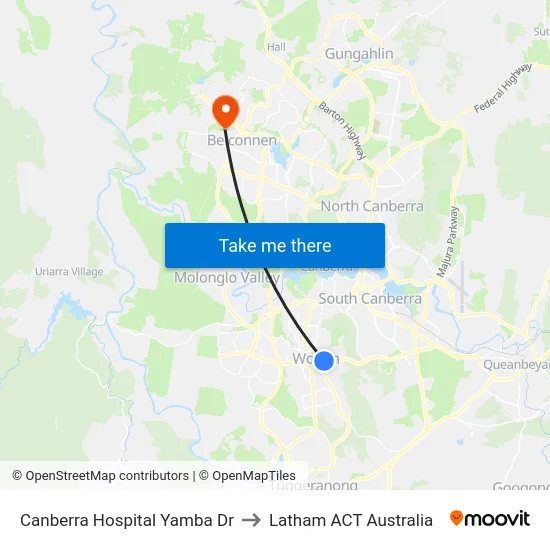 Canberra Hospital Yamba Dr to Latham ACT Australia map