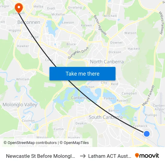 Newcastle St Before Molonglo Mall to Latham ACT Australia map