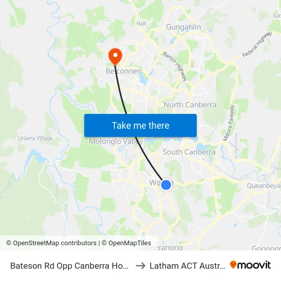 Bateson Rd Opp Canberra Hospital to Latham ACT Australia map