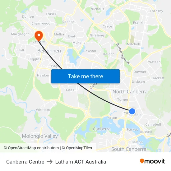 Canberra Centre to Latham ACT Australia map