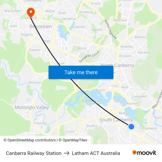 Canberra Railway Station to Latham ACT Australia map