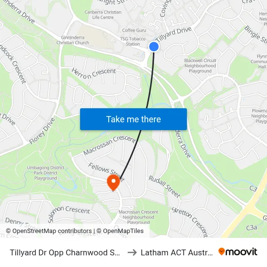 Tillyard Dr Opp Charnwood Shops to Latham ACT Australia map