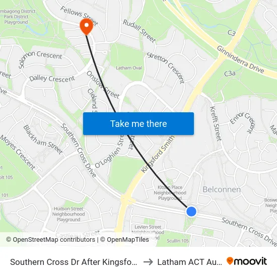 Southern Cross Dr After Kingsford Smith Dr to Latham ACT Australia map