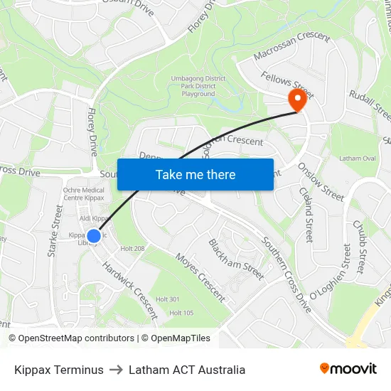 Kippax Terminus to Latham ACT Australia map
