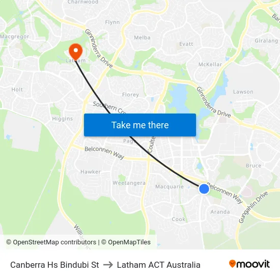 Canberra Hs Bindubi St to Latham ACT Australia map