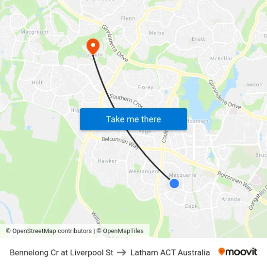 Bennelong Cr at Liverpool St to Latham ACT Australia map