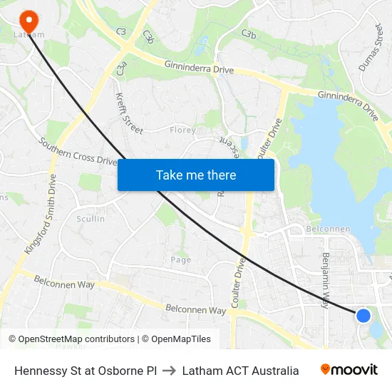 Hennessy St at Osborne Pl to Latham ACT Australia map