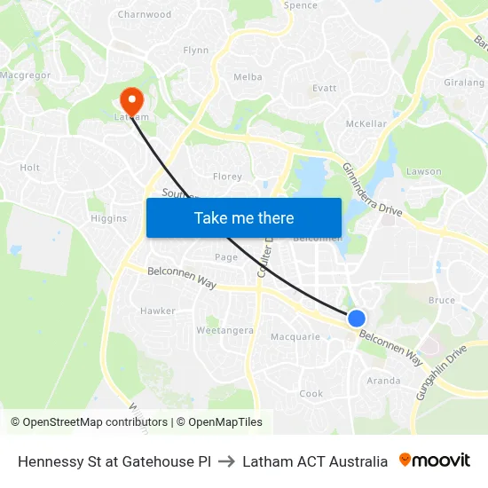 Hennessy St at Gatehouse Pl to Latham ACT Australia map