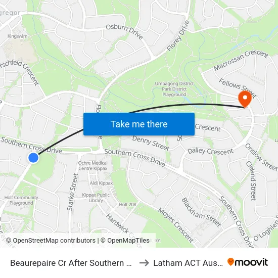 Beaurepaire Cr After Southern Cross Dr to Latham ACT Australia map