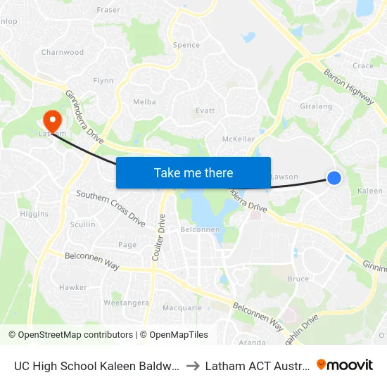 UC High School Kaleen Baldwin Dr to Latham ACT Australia map