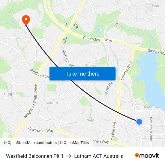 Westfield Belconnen Plt 1 to Latham ACT Australia map