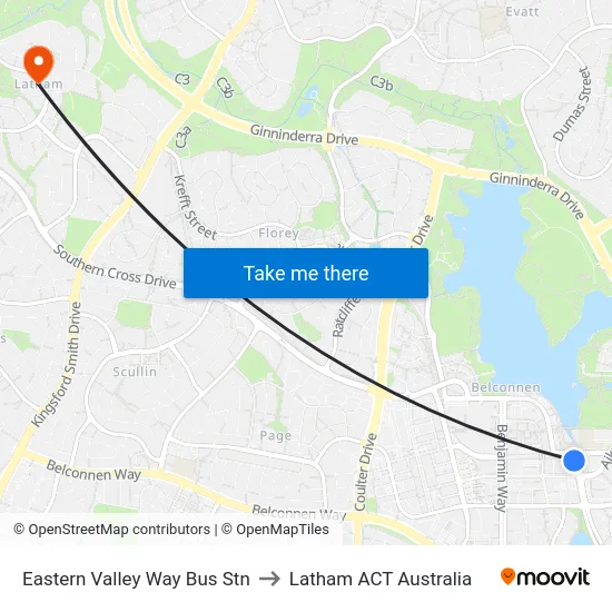 Eastern Valley Way Bus Stn to Latham ACT Australia map