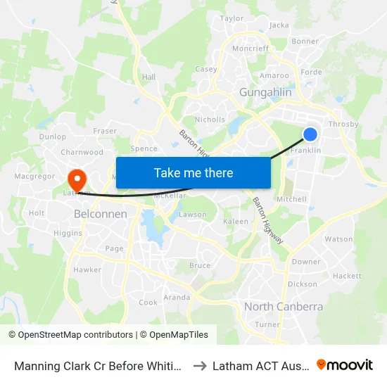 Manning Clark Cr Before Whitington St to Latham ACT Australia map