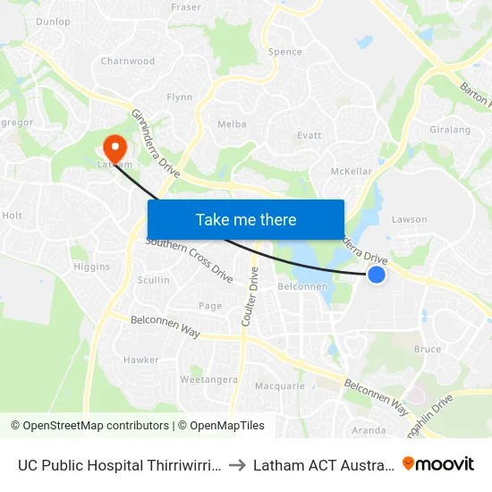 UC Public Hospital Thirriwirri St to Latham ACT Australia map