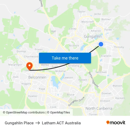 Gungahlin Place to Latham ACT Australia map