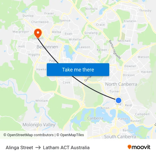 Alinga Street to Latham ACT Australia map