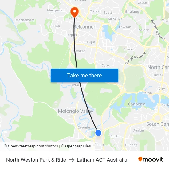North Weston Park & Ride to Latham ACT Australia map