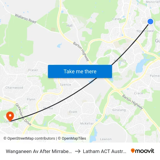 Wanganeen Av After Mirrabei Dr to Latham ACT Australia map