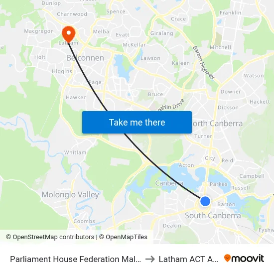 Parliament House Federation Mall Northbound to Latham ACT Australia map