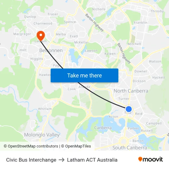 Civic Bus Interchange to Latham ACT Australia map