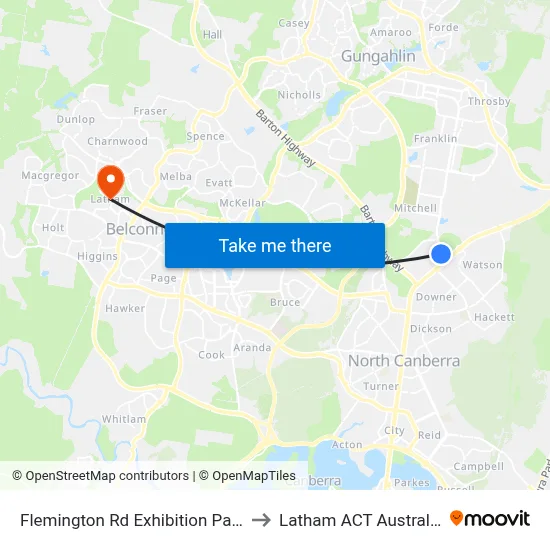 Flemington Rd Exhibition Park to Latham ACT Australia map