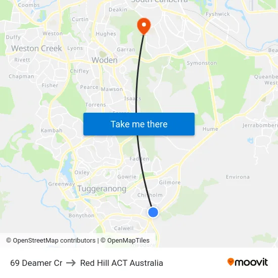 69 Deamer Cr to Red Hill ACT Australia map