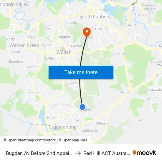 Bugden Av Before 2nd Appel Cr to Red Hill ACT Australia map