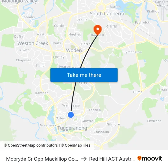 Mcbryde Cr Opp Mackillop College to Red Hill ACT Australia map