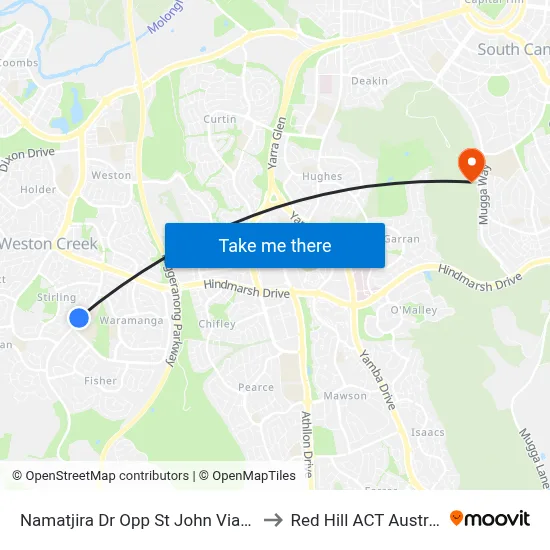 Namatjira Dr Opp St John Vianney to Red Hill ACT Australia map