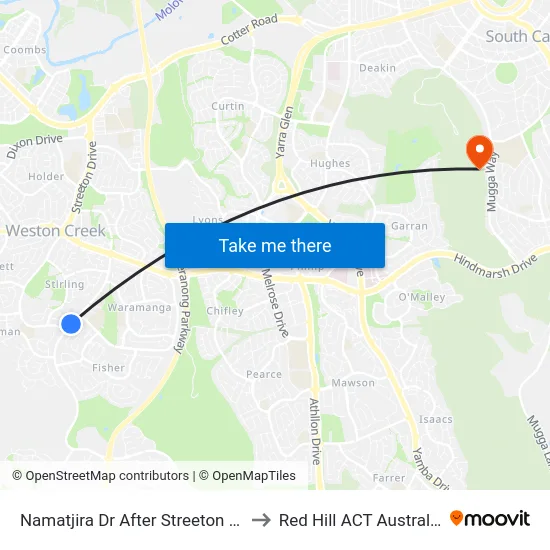 Namatjira Dr After Streeton Dr to Red Hill ACT Australia map