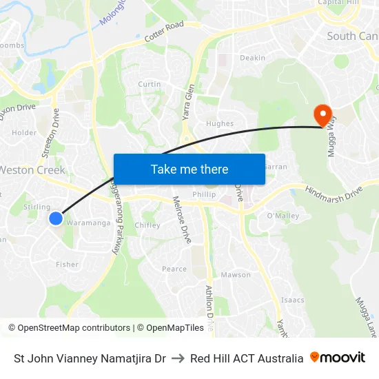 St John Vianney Namatjira Dr to Red Hill ACT Australia map