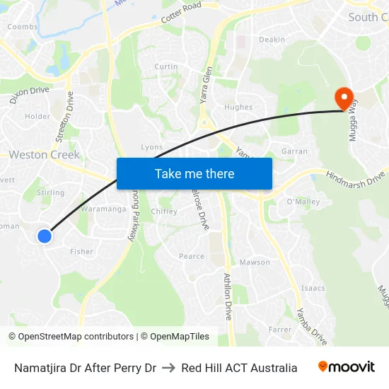 Namatjira Dr After Perry Dr to Red Hill ACT Australia map