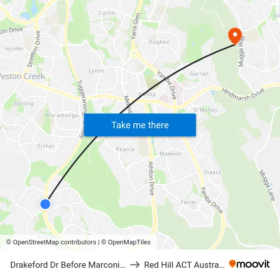 Drakeford Dr Before Marconi Cr to Red Hill ACT Australia map