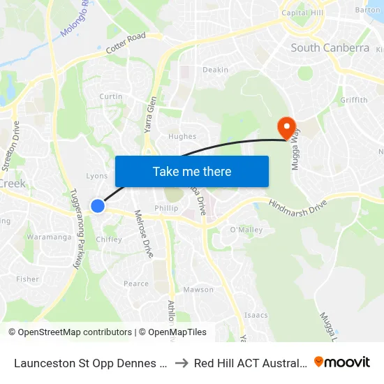 Launceston St Opp Dennes Pl to Red Hill ACT Australia map