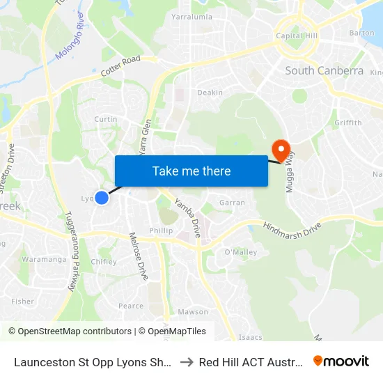 Launceston St Opp Lyons Shops to Red Hill ACT Australia map