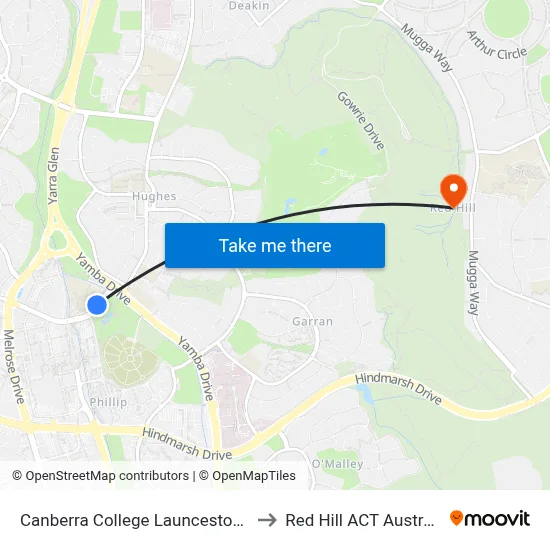 Canberra College Launceston St to Red Hill ACT Australia map