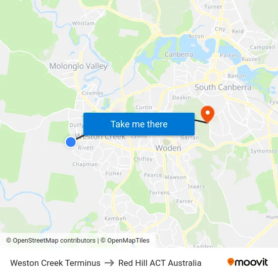 Weston Creek Terminus to Red Hill ACT Australia map